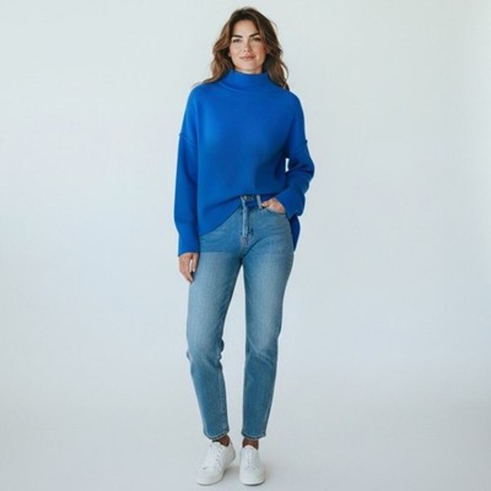 J. Jill Cerulean Blue Mock Funnel Neck Soft Cozy Classic Sweater Slit Cuff XL